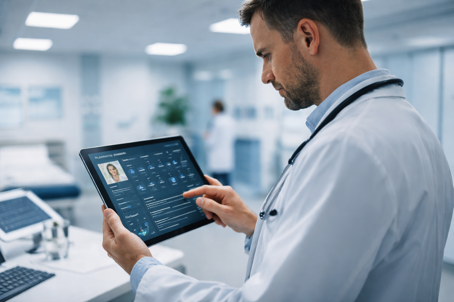 A doctor reviewing AI-assisted patient data on a tablet in a clinical setting